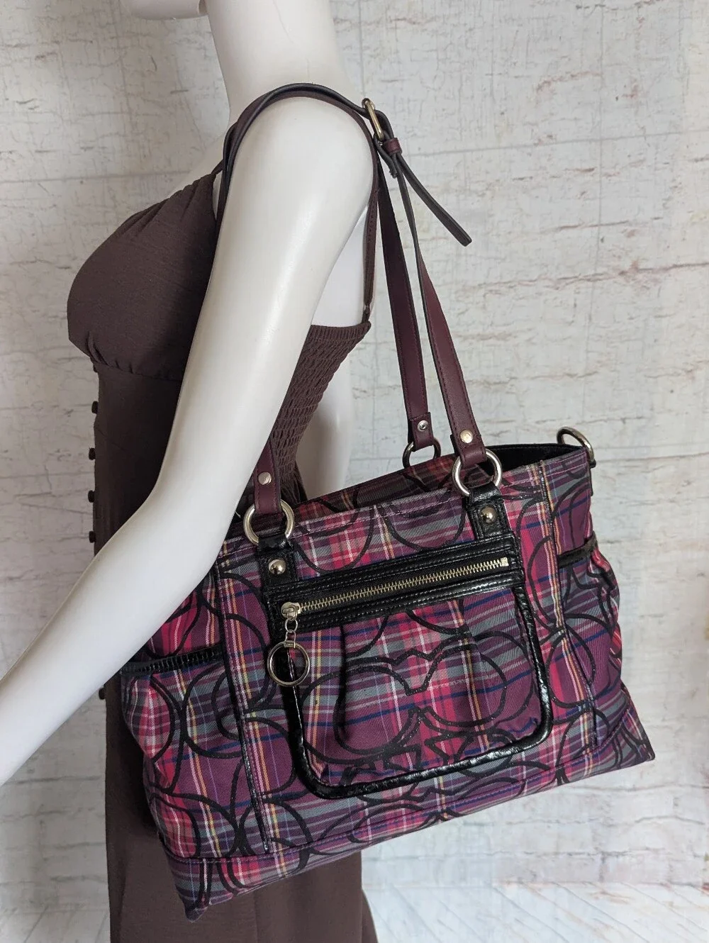 Coach Pink and Purple Plaid Signature Tote
